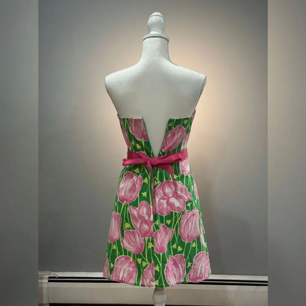 Green/Pink Lilly Pulitzer Vintage Strapless Tulip Print Dress Size 0 EUC - Picture 2 of 8